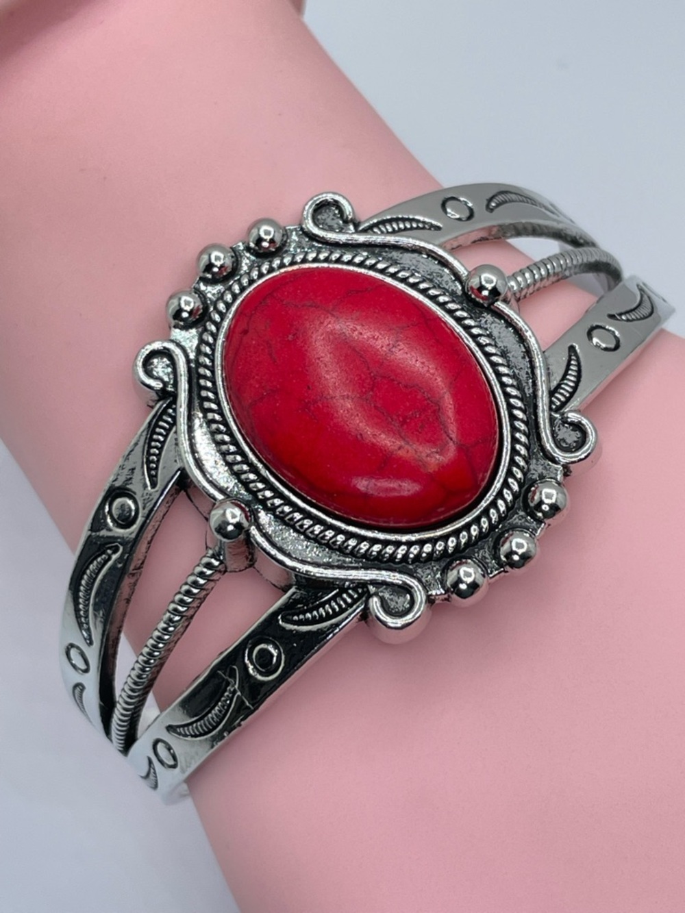 Silver Tone Red Howlite Cuff Bracelet Southwestern Boho Statement